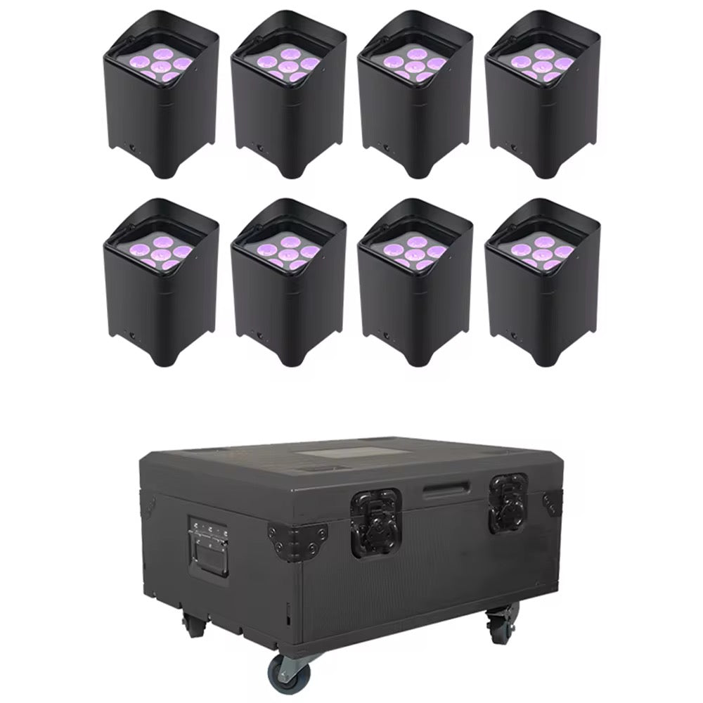 8× Akkumulátoros 6x18W LED PAR készlet szállítódobozzal