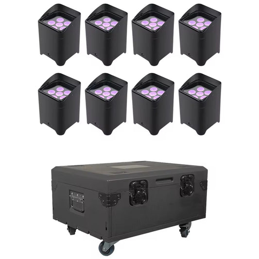 8× Akkumulátoros 6x18W LED PAR készlet szállítódobozzal